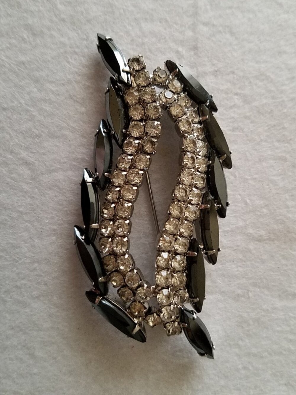 Vintage Black Navette and Clear Rhinestone Silvertone Brooch